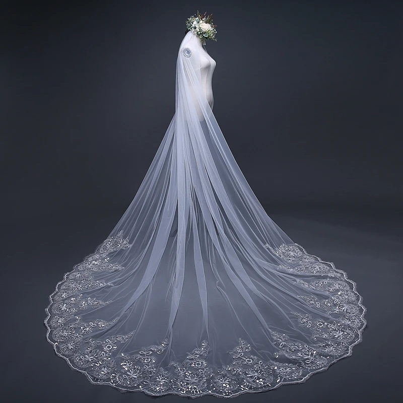 Свадебная фата 3 метра цвета слоновой кости с длинным кружевным краем|bridal veil with
