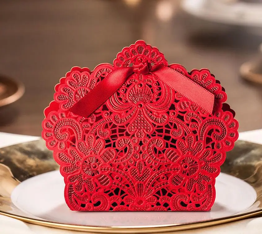 

Rose Laser Cut Hollow Candy Box Wedding Birthday Party Favors Gift Bags with Ribbon Christmas event decoration 5colors