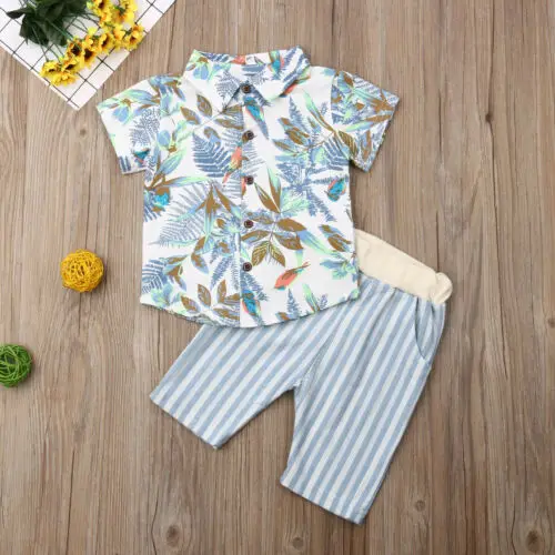 2019 Brand Summer Newborn Baby Boy Fashion Clothes Green Leaf Short Sleeve Tops Shirt+Short Striped Pants Set Holiday Beachwear |