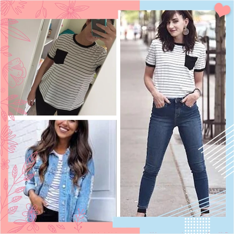 Dotfashion Black And White Patch Pocket Striped Ringer Tee Women Casual Tops Summer Short Sleeve Preppy Colorblock T-Shirt
