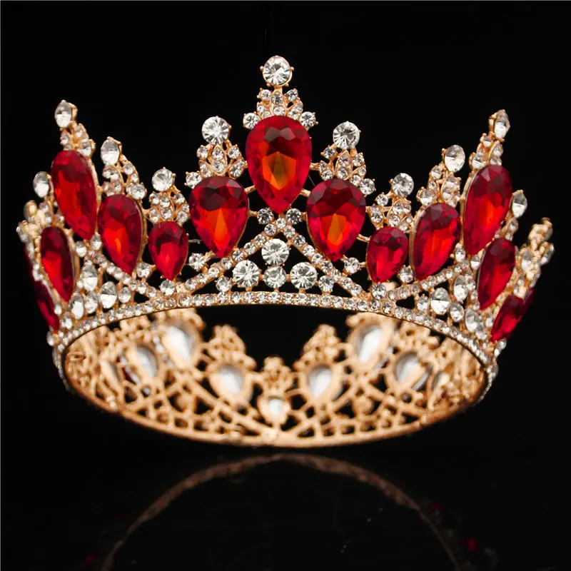 Gold Red Барокко Золотая Корона невесты Королева Король большая корона тиара Выпускной свадебная диадема украшения для волос тиары и повязка в виде короны украшения для волос - Окраска металла: Gold Red