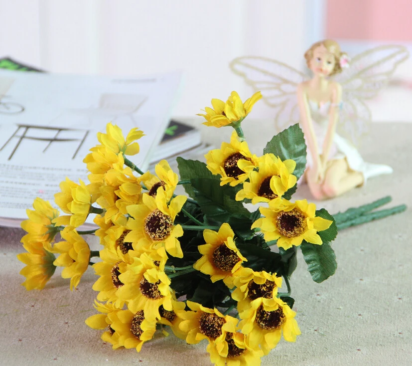 14 головы поддельные жёлтый подсолнух цветок из искусственного шелка свадебный