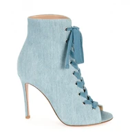new fashion denim blue lace up boots sexy open toe jeans boots woman high heel ankle boots summer gladiator boots