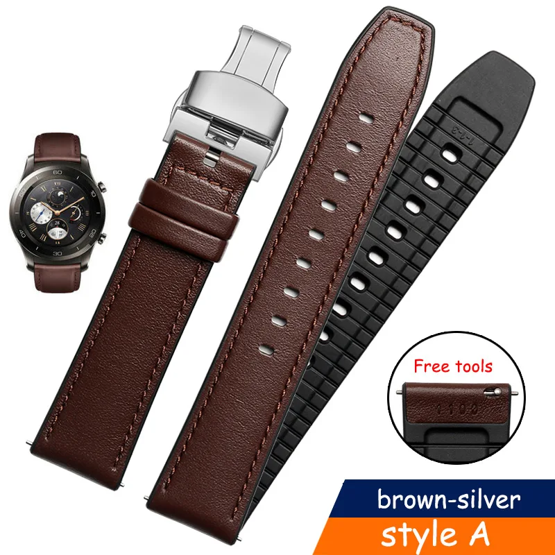 Huawei Watch 2PRO/GT ремешок для часов 22 мм Натуральная кожа starp для huawei Honor Magic/Dream Ticwatch pro браслет для часов - Цвет ремешка: A brown-silver