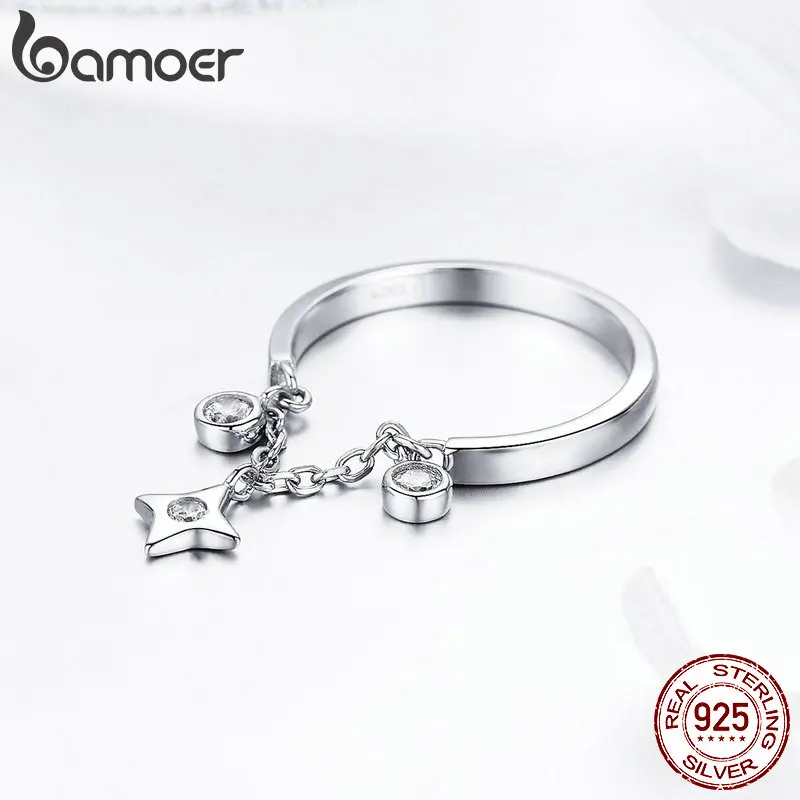 BAMOER, серебряные кольца, 925, Stelring, серебряная цепочка, кольцо для женщин, прозрачный CZ звезда, аджадтируемые кольца,, новинка, Женские Ювелирные изделия, подарки SCR408