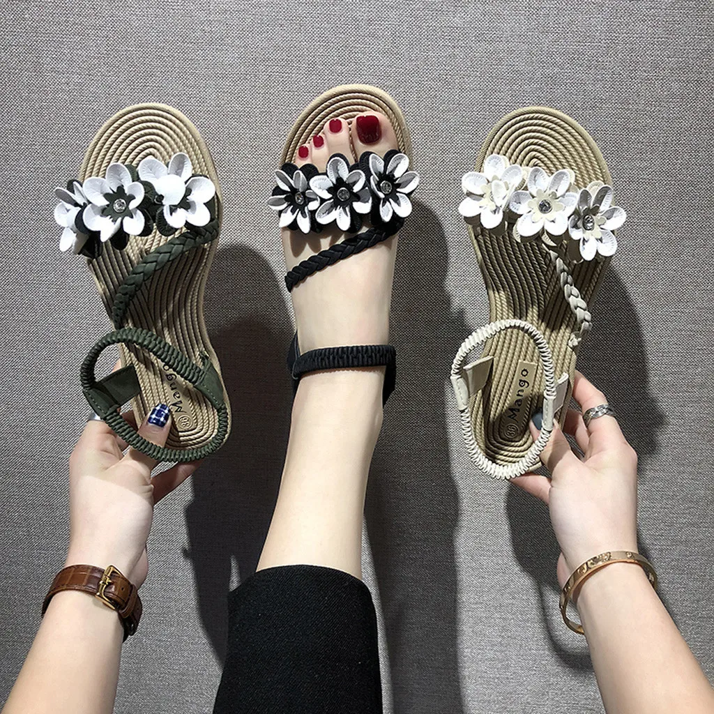 Женские летние богемные пляжные римские сандалии на плоской подошве с цветочным