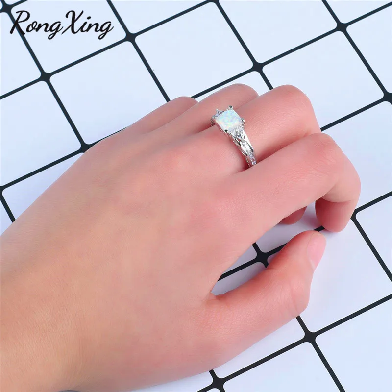 RongXing 7 мм квадратный белый/синий огненный опал кольца для женщин 925 пробы заполненный серебром белый циркон ювелирные изделия, обручальное кольцо RP0206