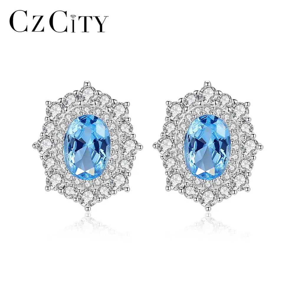 

CZCITY Blue Topaz Stud Earrings for Women Anniversary Fine Jewelry Solid 925 Sterling Silver Pendientes Gemstone Bijoux SE0348