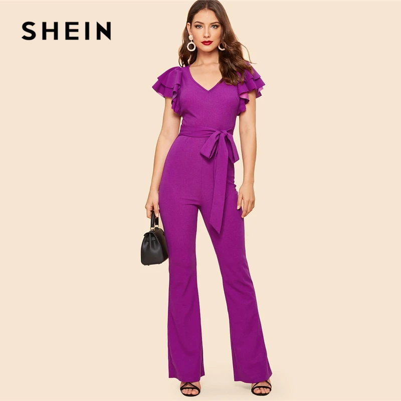SHEIN Элегантный Комбинезон С Поясом Яркий Оригинальным Рукавом И V Образным
