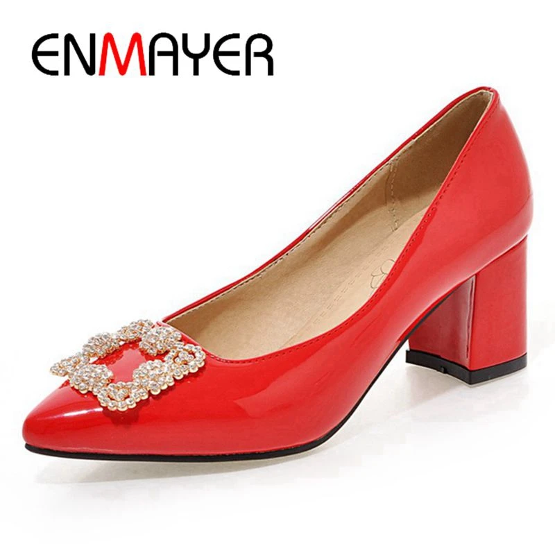 

Женские лакированные туфли-лодочки ENMAYER, туфли из лакированной кожи на квадратном каблуке с острым носком, со стразами, размеры 34-45, LY1332