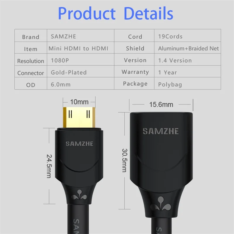 SAMZHE 1080P MiniHDMI to HDMI Female Male 0 3 m для компьютера Расширение ноутбука камера проектор