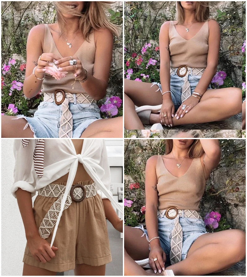 Everkaki, Вощеная Веревка, вязаный ремень, круглая деревянная Пряжка, Boho, женский ремень, простой, Harajuku, одноцветные, вязаные ремни для женщин, платье, джинсы