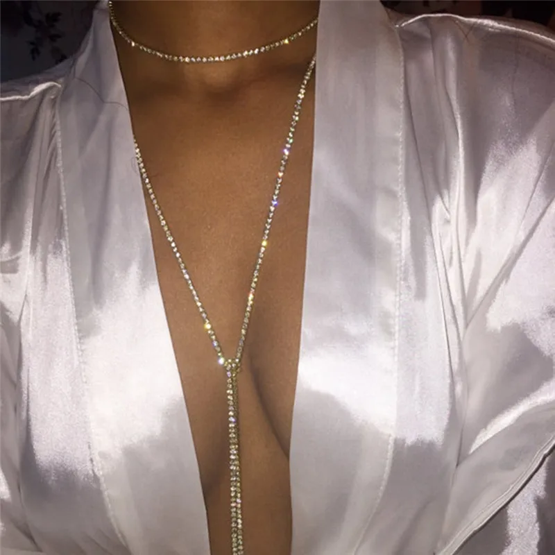 

Femme Long Rhinestone Choker Necklace For Women Gold Silver Color Chain Sexy Collar Jewelry Accessories