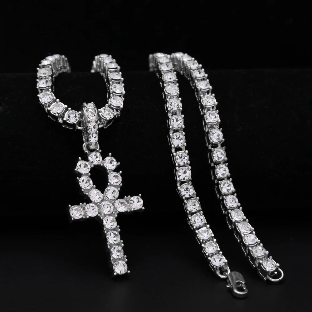 Ankh серебро мужчины s Женщины Хип-хоп Iced Out золотые стразы ключ жизни египетский крест кулон теннисная цепочка со стразами ожерелье для мужчин