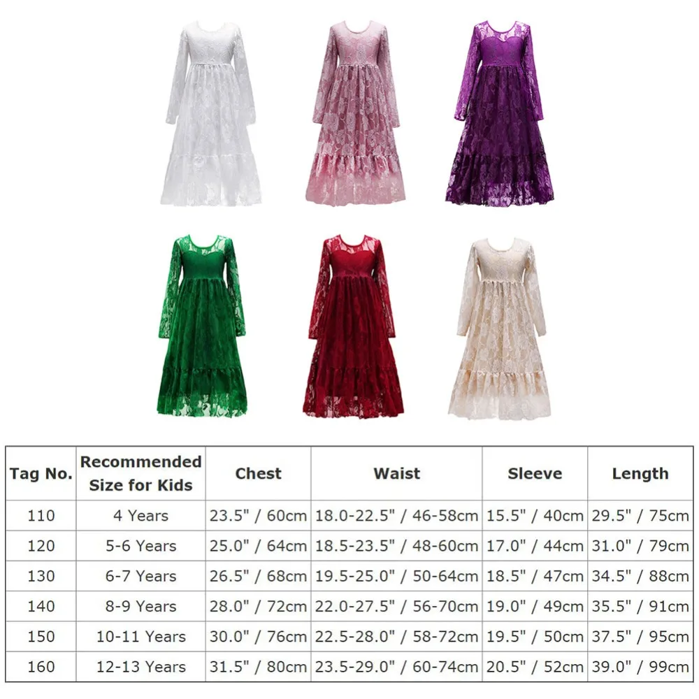 

Flower kid Girl Lace Dress Long Sleeve Maxi Wedding Bridesmaid Party Prom Dresses Princess Lace High Waist Pleated Long Dress