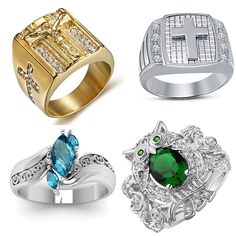 

Vintage Classic Design Owl Cross Shape Ring for Women Men Blue White Crystal Wedding Couple Rings Prong Setting