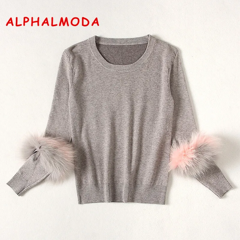 Женский свитер ALPHALMODA с длинным рукавом и натуральным мехом осенняя трикотажная