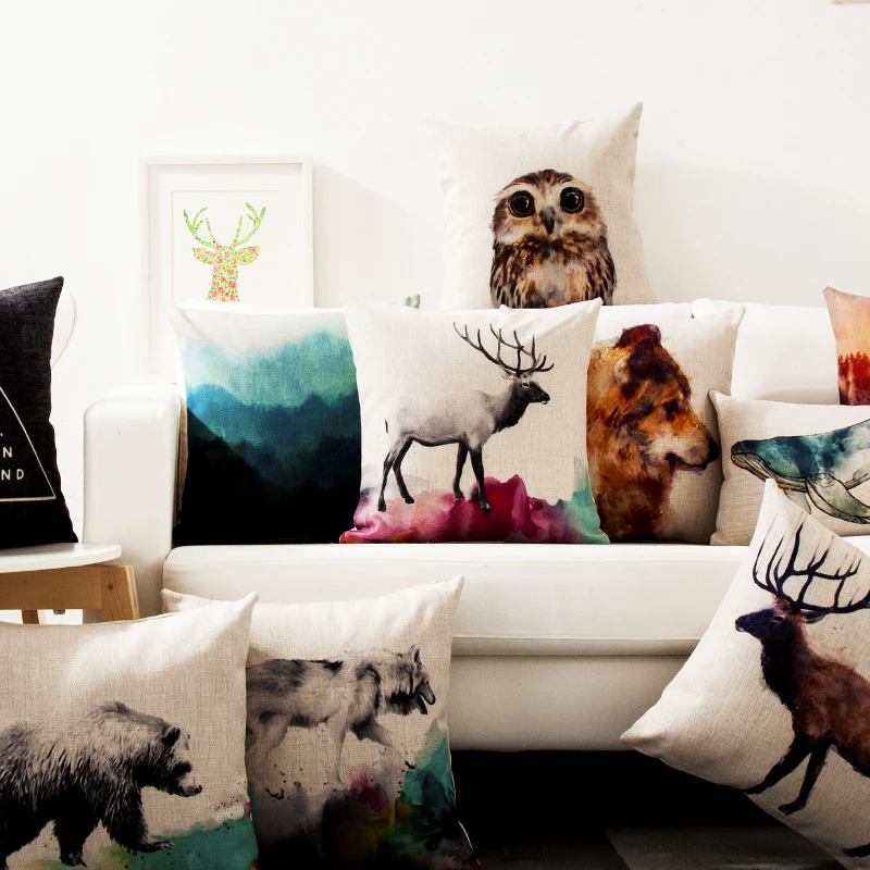 

Nordic Watercolor Animal Bear deer wolf Simple Pillow Cover Home Decorative Pillows Linen Pillow Case Office Sofa Cushion Cover