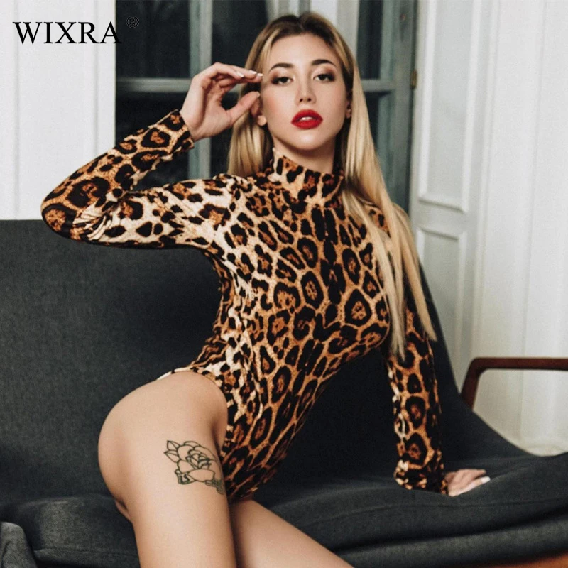 Женский леопардовый комбинезон Wixra мягкий однотонный с высоким воротником и