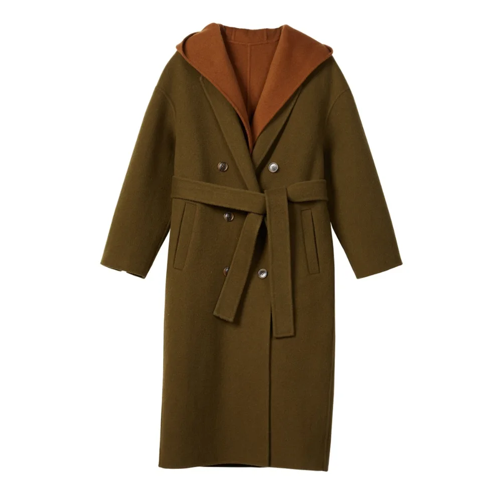 Женское пальто двухсторонняя шерстяная куртка с карманами и шнуровкой длинная