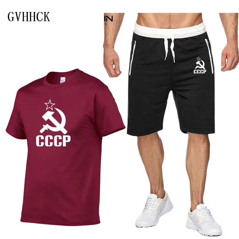 Костюм мужской с принтом СССР хлопок футболка и шорты повседневный комплект
