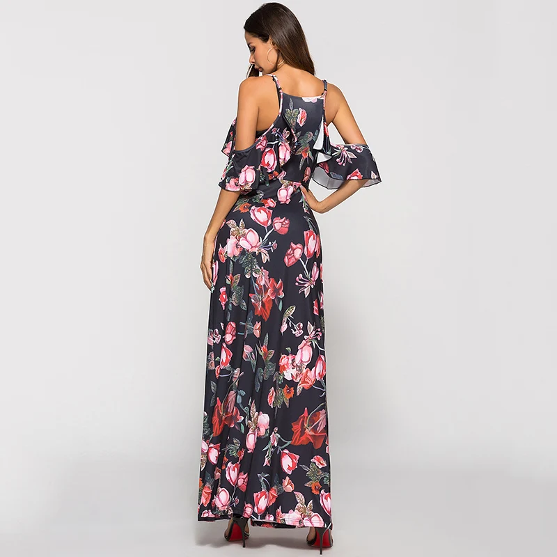 ESCALIER Women Summer Dress Elegant Dresses Long Spaghetti Strap V-neck High Waist Printed Maxi Vestidos Verano | Женская одежда