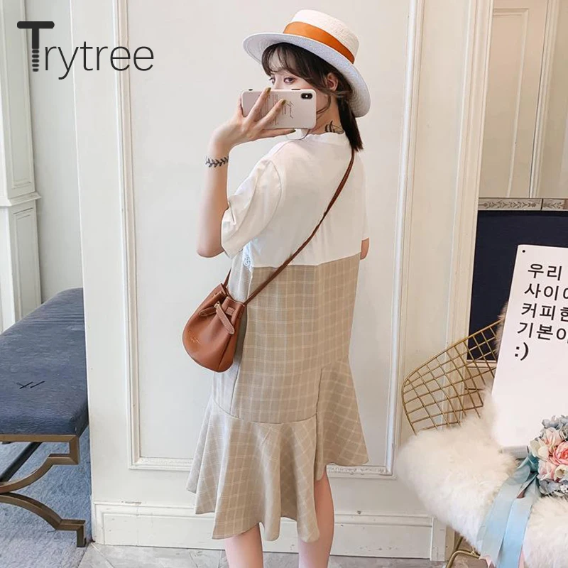 Trytree летнее платье женское повседневное хлопковая Футболка Лоскутная кружевная