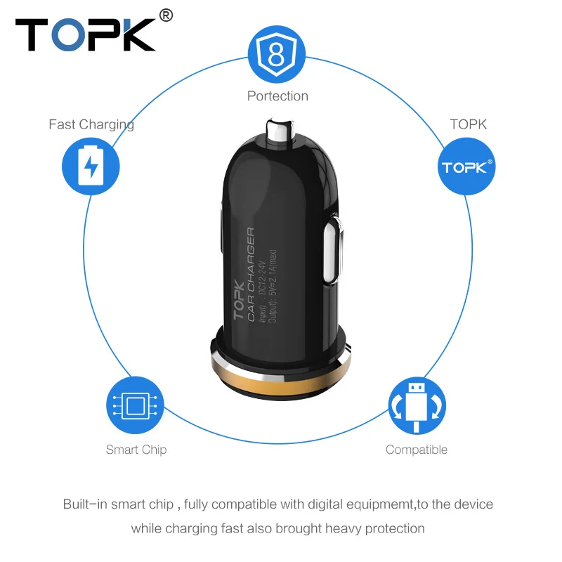TOPK оригинал 5 В 2 А два порта мини USB автомобильное зарядное устройство быстрая