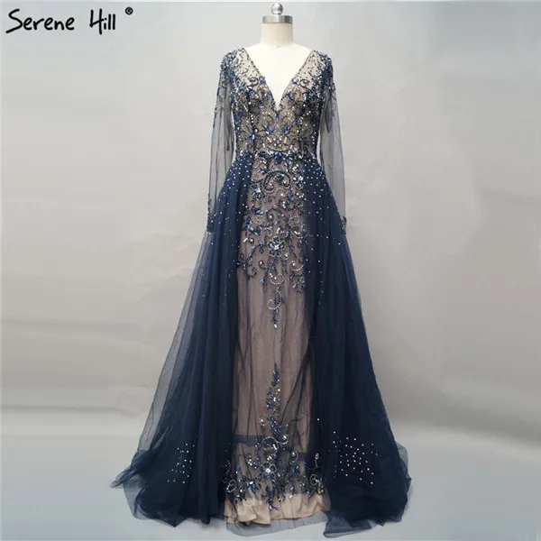 navy blue Розовые сексуальные платья с v-образным вырезом и длинным рукавом для выпускного вечера настоящая фотография алмазное Бисероплетение со шлейфом платья для выпускного вечера Serene hilm BLA6571 - Цвет: navy blue