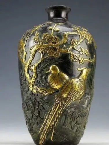 

Exquisite Chinese Vintage Collection Bronze Gold-plating Flower Bird Vase H7.9 inch
