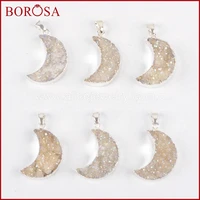 borosa 10pcs fashion silver color crystal titanium ab geode pendant bead moon crescent druzy geode stone for necklace s0388