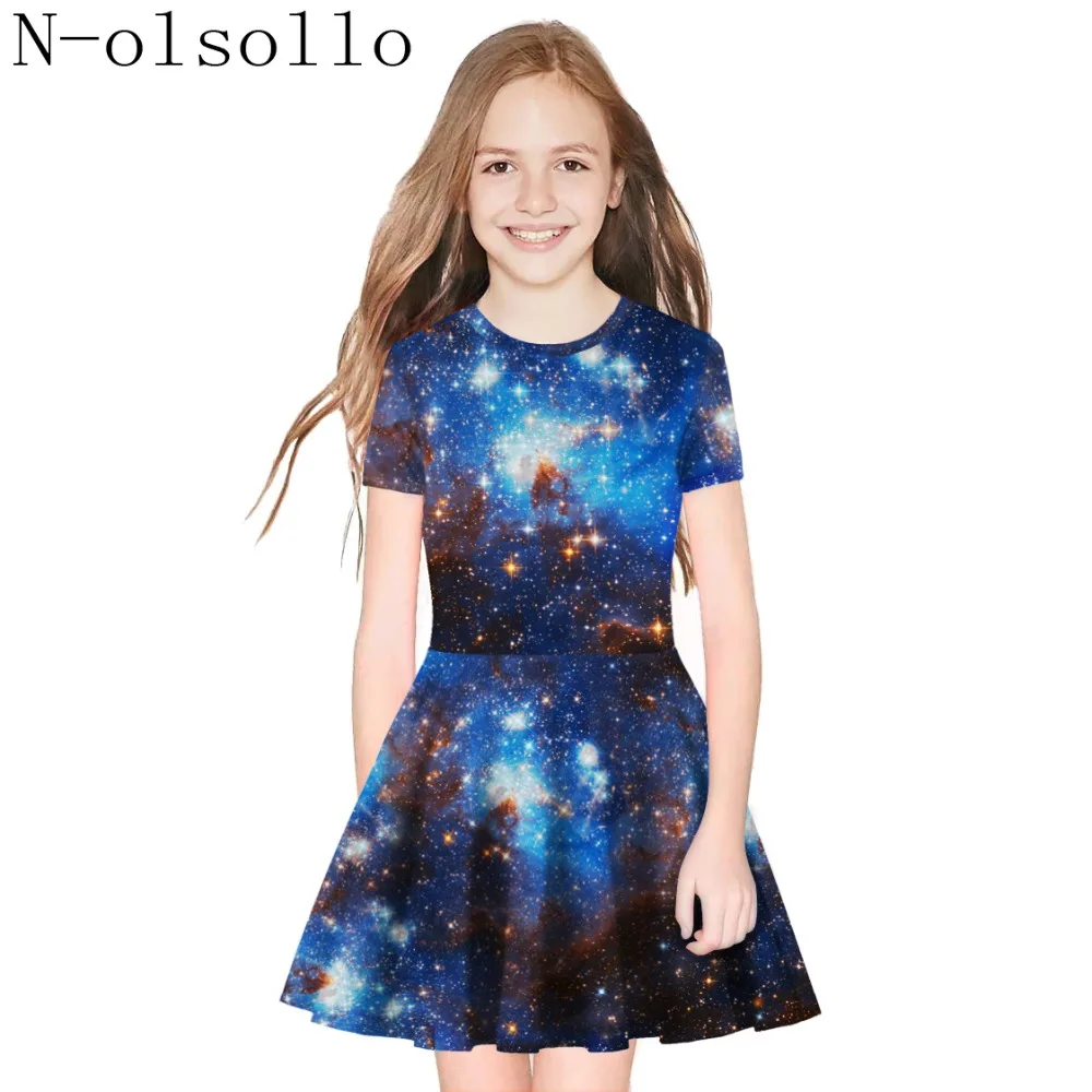 N-olsollo новинка 2019 модные синие платья для мамы и дочки с 3D галактикой