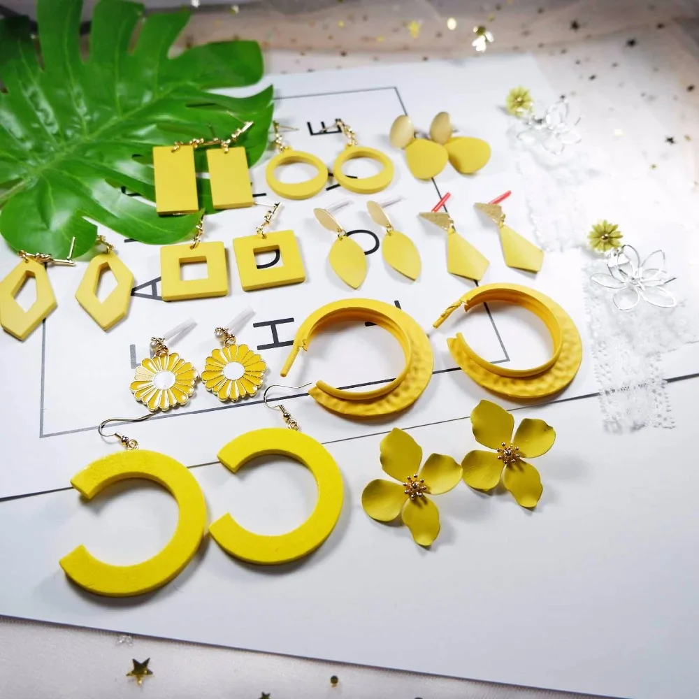 earrings 2019 lemon yellow geometric dangle metal paint women's lovely resin drop for girls | Украшения и аксессуары