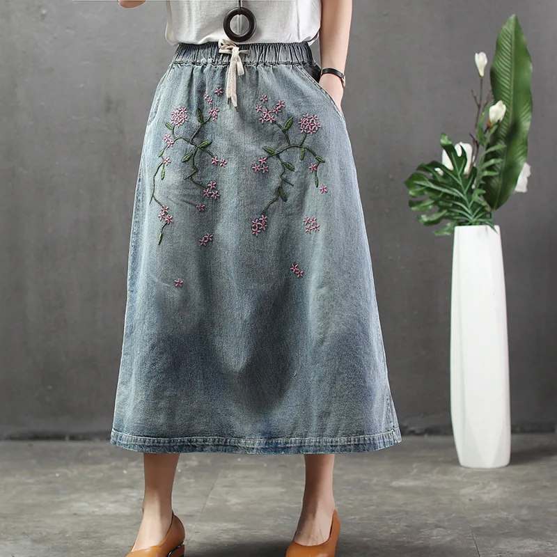 Summer national style retro embroidery powdered washed women denim skirt female elastic waist large size skirts long girl | Женская