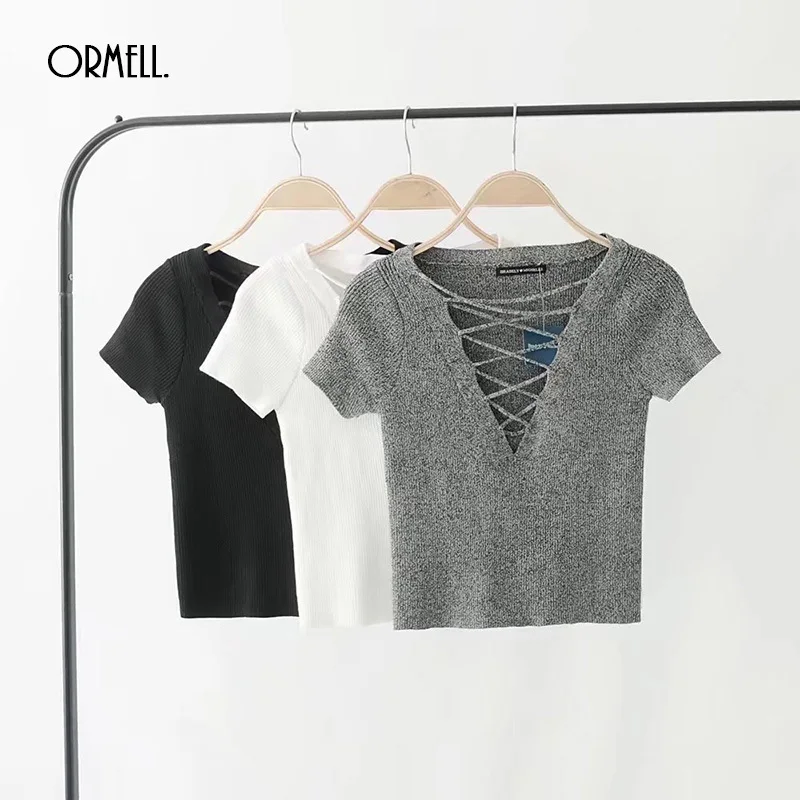 ORMELL Fashion Short Women Deep V Neck T-shirts Summer Hollow Out Bandage Ladies Tops 3 Colors Solid Female Casual Sweater Tees | Женская