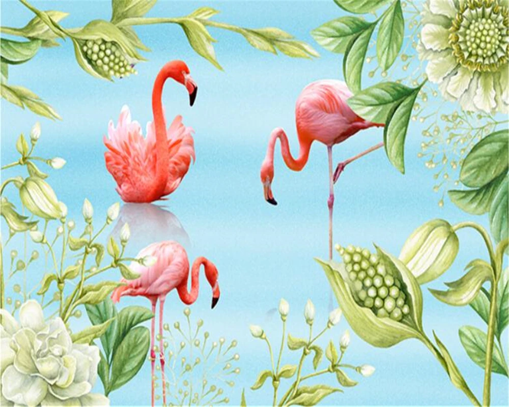 

Beibehang Custom wallpaper Nordic minimalist hand painted tropical leaves flamingo TV background wall wallpaper for living room