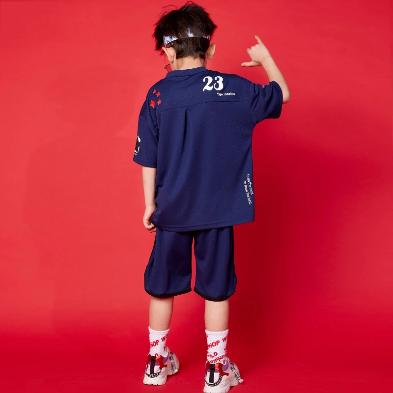 

Stree Dance For Boys Hip Hop Costume Short-Sleeve Blue T-Shirt Shorts Suit Jazz Costume Cheerleading Basketball Costumes DQS1509