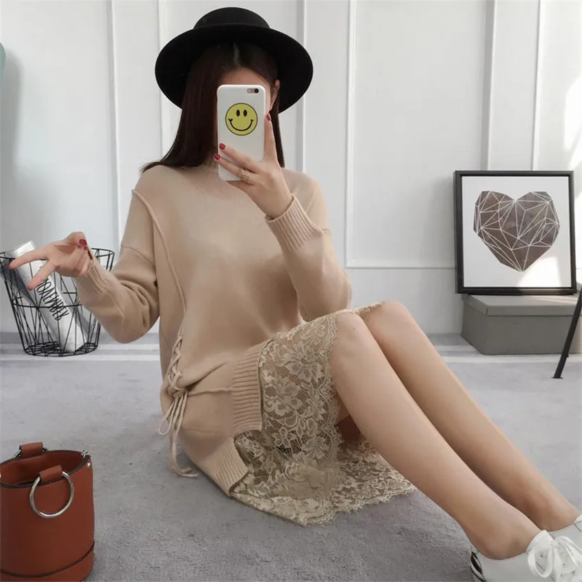 Для женщин Водолазка вязаное платье Новый осень-зима свободные ремни кружева