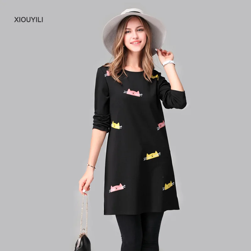 Женское платье с длинным рукавом и рисунком кота осеннее большого размера|dress