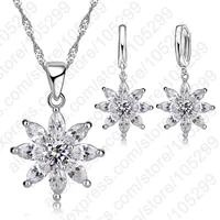 top quality romantic flower pendant necklaceearrings set 925 sterling silver clear cubic zircon jewelry set wholesale