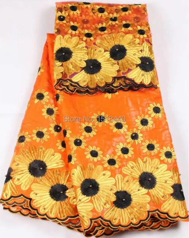 BZ7619-2 Orange 5 ярдов Вышитые Базен Riche ткань с 2 чистая кружевная блузка бисером