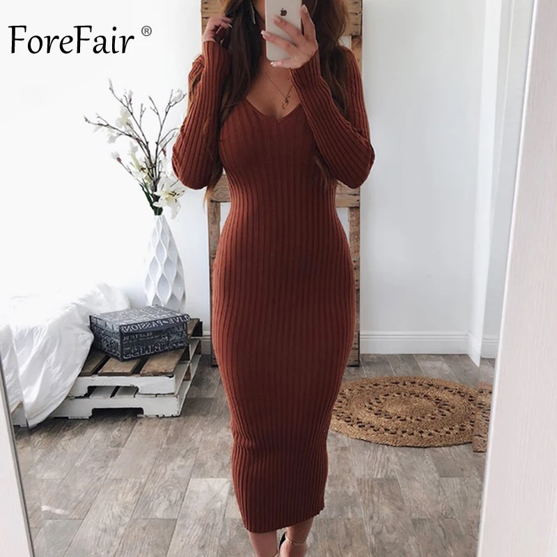 Forefair сексуальный вязаный свитер длинное платье зимнее женское рождественское
