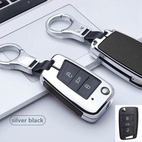 A key silver black Автомобильный кожаный чехол для ключей, держатель для VW Golf 7 Polo Bora MK7 MK6 Passat для Skoda Octavia A7 Kodiaq Seat Leon Ibiza, откидной ключ - Название цвета: A key silver black
