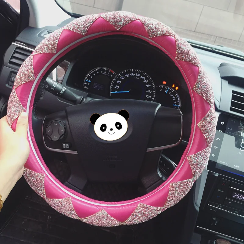 

MUNIUREN Luxury Women Diamond Leather Car Steering Wheel Covers Bling Crystal Auto Interior Accessories