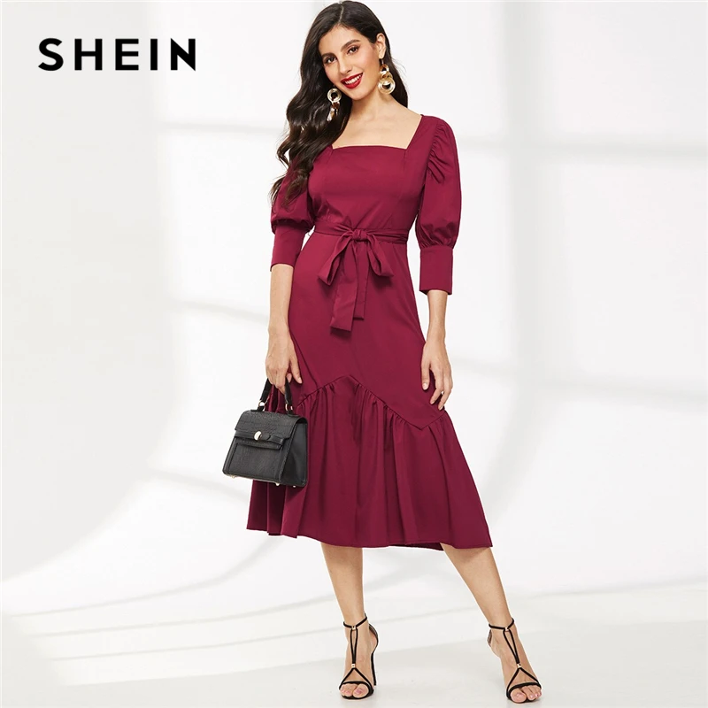 SHEIN платье с оборками и пышными рукавами, с поясом, приталенное и расклешенное,, элегантное, весна-осень, квадратный вырез, женские летние длинные платья