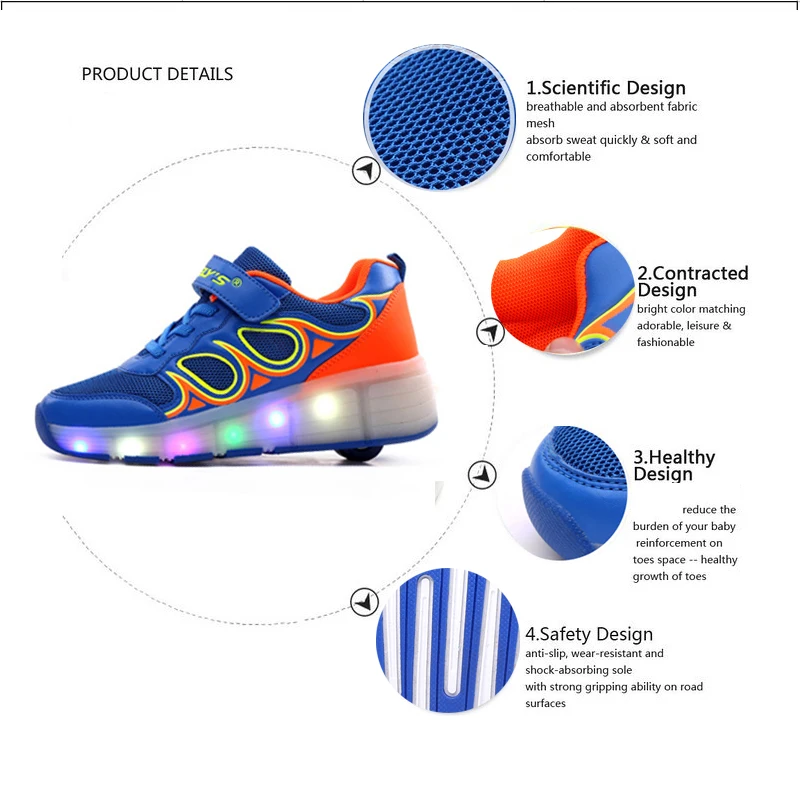 New Boys Girls Led Light Breathale Mesh Sneakers Children Shoes Roller Skate One Wheels Shoe Flats Heels Kids Size 29-43 | Детская