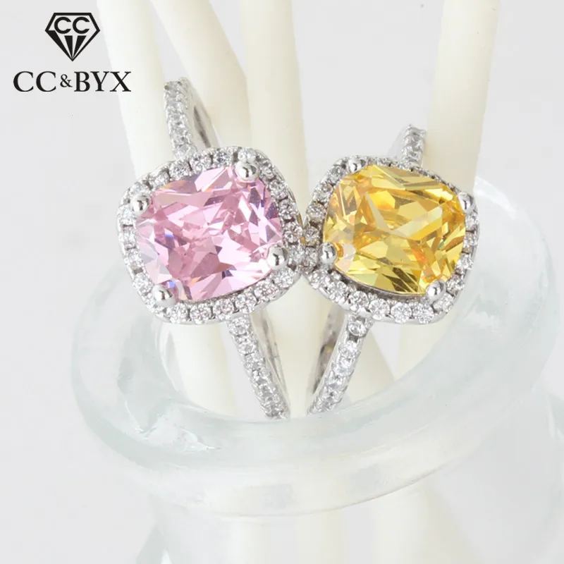 

CC Rings For Women Bridal Wedding Cubic Zirconia Rectangle Pink/Yellow Stone Engagement Ring Bijoux Femme CC596
