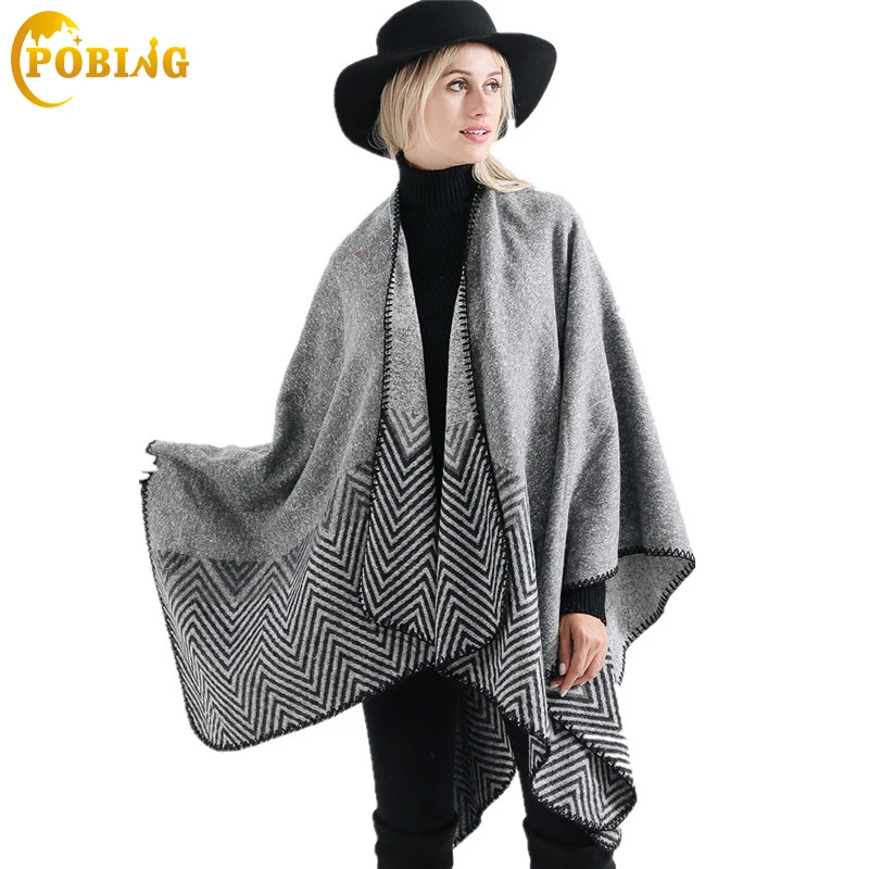 

POBING Women Poncho Winter Cashmere Scarf Unisex Basic Striped Solid Stoles Poncho Long Pashmina Shawls And Wraps Tippet Capes