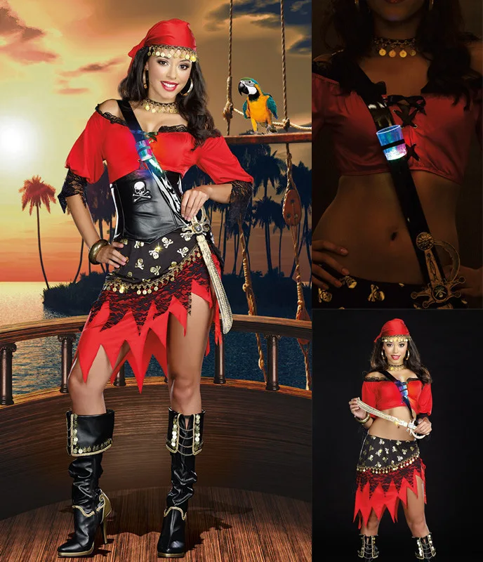 Free Shipping 2014 Newest Women Charming Sexy Red Pirate Costume with Sequine Pattern Halloween Party Cosplay Costumes 0101327 |