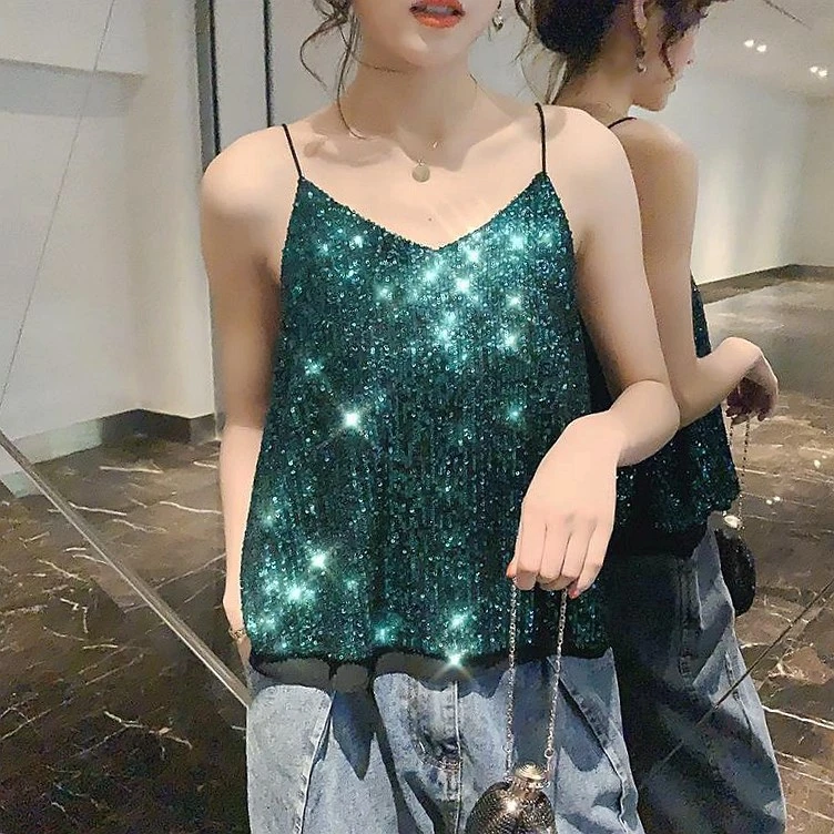 

Women Sexy Camisole V-neck Loose Glittering Tanks Tops Strap Casual Clothing
